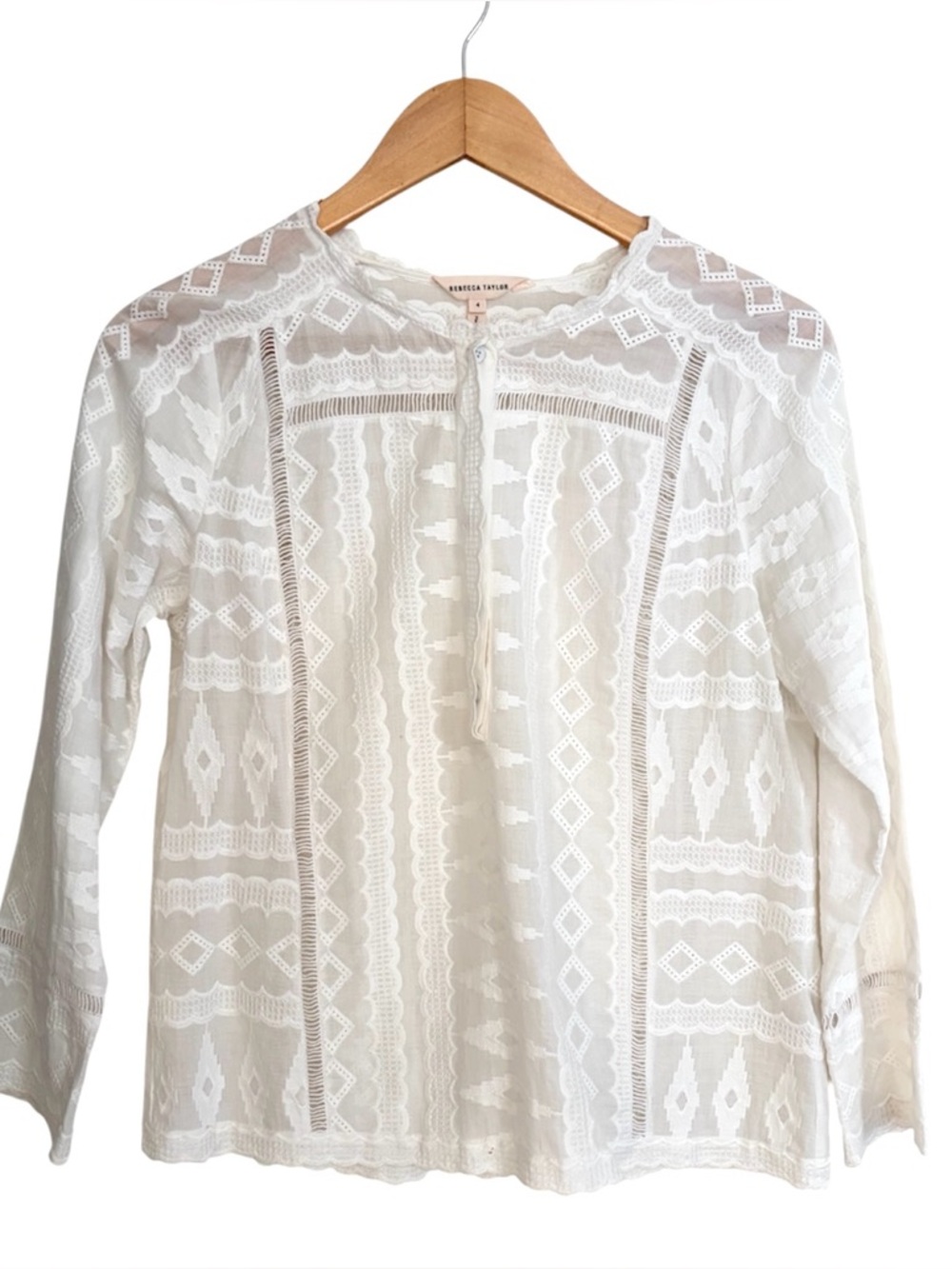 Rebecca Taylor White Scallop Geometric Bohemian Feminine Blouse 4